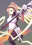  artist_request bad_id bad_pixiv_id bodysuit brown_legwear glowing glowing_wings hair_tie high_ponytail holding holding_staff mechanical_wings mercy_(overwatch) overwatch pantyhose solo spread_wings staff wings yellow_wings 