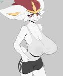 anthro biped breasts cinderace cleavage clothed clothing cooliehigh female fur generation_8_pokemon hi_res looking_at_viewer nintendo open_mouth open_smile pokemon pokemon_(species) red_body red_eyes smile solo white_body white_fur