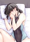  1girl amagami black_hair competition_swimsuit highres implied_sex looking_at_viewer one-piece_swimsuit pillow sasaki_akira_(ugc) solo swimsuit tsukahara_hibiki 