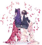  2girls arm_out_of_sleeve averting_eyes black_socks black_sweater black_thighhighs blush cherry_blossoms commentary_request ear_blush falling_petals flower from_behind full_body grey_skirt hair_flower hair_ornament hairclip hamayumiba_sou hanayamata happi highres holding holding_hands holding_instrument instrument interlocked_fingers japanese_clothes kneehighs long_hair looking_at_another low_twintails miniskirt multiple_girls naruko_(instrument) neckerchief open_mouth outline petals pink_flower pink_outline plaid plaid_skirt pleated_skirt purple_hair red_flower red_rose rose sailor_collar sasame_yaya sekiya_naru shadow shared_clothes shared_coat short_twintails sidelocks simple_background skirt socks standing sweater thighhighs twintails white_background white_neckerchief white_sailor_collar zettai_ryouiki 