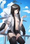  1girl absurdres arknights black_hair black_panties black_thighhighs blue_sky bright_pupils cigarette cloud commentary day grey_eyes hand_up highres holding holding_cigarette long_hair looking_at_viewer navel open_clothes open_shirt panties plabit railing shirt sky solo stomach thighhighs thighs underwear very_long_hair virtuosa_(arknights) white_pupils white_shirt 