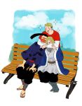  baggy_pants bench black_pants blonde_hair blue_background blue_kimono blue_robe blue_sky blush brother_and_sister closed_eyes cloud cloudy_sky commentary_request dungeon_meshi falin_touden full-face_blush full_body goldchai2525 hand_up hands_up hug japanese_clothes kimono laios_touden long_sleeves open_mouth outdoors pants red_shirt robe sandals shirt short_hair shurou siblings sitting sky standing undercut very_short_hair white_shirt wide_sleeves 