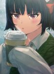  1girl black_hair blush bow collared_shirt cup disposable_cup green_sweater_vest hair_bow highres holding holding_cup i-coat ishigaki_(kancolle) kantai_collection long_sleeves looking_at_viewer parted_lips purple_eyes shirt short_hair sleeves_past_fingers sleeves_past_wrists snowing solo steam sweater_vest upper_body white_shirt 