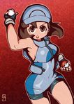  :o ace_trainer_(pokemon) armpits bare_arms bare_shoulders bike_shorts black_gloves blue_hat blue_shirt blush breasts brown_eyes brown_hair chawalit_adsawawalanon covered_navel cowboy_shot fingerless_gloves fingernails gloves gradient gradient_background hat highres holding holding_poke_ball looking_at_viewer medium_breasts open_mouth outline poke_ball poke_ball_(generic) pokemon pokemon_(game) pokemon_sm red_background shirt short_hair sideboob sleeveless sleeveless_shirt solo taut_clothes taut_shirt turtleneck v-shaped_eyebrows visor_cap 