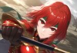  ai-generated ai-generated_art_(topic) aiming aiming_at_viewer armor axe battle_axe blurry close-up depth_of_field dutch_angle gauntlets green_headband hair_between_eyes hand_up headband holding holding_axe holding_weapon landscape minerva_(fire_emblem) non-web_source red_armor red_eyes red_hair serious short_hair weapon 