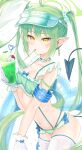  1girl absurdres ahoge armband baba_kirika bikini blonde_hair blue_archive blue_armband breasts choker cleavage collarbone cowboy_shot crazy_straw cup demon_tail drinking_straw earrings food frilled_bikini frills gloves green_bikini green_hair heart_straw highres holding holding_cup ice_cream jewelry long_hair looking_at_viewer mouth_hold navel nozomi_(blue_archive) pointy_ears sidelocks small_breasts solo spoon sundae suspenders swimsuit tail thighhighs twintails utensil_in_mouth very_long_hair visor_cap white_background white_gloves white_thighhighs yellow_eyes 