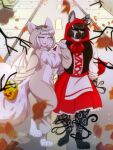 2023 anthro biped canid cel_shading claws clothed clothing crossdressing dress duo feet felid female ferwanwan fluffy fur halloween hi_res holidays kigurumi leaf male mammal onesie outside paws road shaded sidewalk standing trick_or_treat watermark white_body white_fur wings