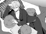  1boy aventurine_(honkai:_star_rail) bed bed_sheet collarbone critter_pick_(honkai:_star_rail) greyscale hair_between_eyes hati_str highres honkai:_star_rail honkai_(series) long_sleeves male_focus midriff midriff_peek monochrome neck_tattoo official_alternate_costume on_bed pajamas pectorals pillow short_hair solo tattoo 