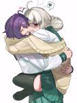  2girls :d ahoge araga_kiwi arms_around_back arms_around_neck black_thighhighs cardigan carrying carrying_person closed_eyes commentary double_bun face-to-face green_sailor_collar green_skirt hair_between_eyes hair_bun hair_up happy heads_together heart heart_ahoge highres hiiragi_utena hug jitome leg_lock long_hair long_sleeves loving_aura mahou_shoujo_ni_akogarete mole mole_under_eye multiple_girls no_shoes notice_lines off_shoulder open_mouth pleated_skirt purple_hair raised_eyebrows red_eyes saiki_(mumei_912) sailor_collar school_uniform serafuku shaded_face shirt short_hair simple_background skirt smile soles spoken_squiggle squiggle standing standing_leg_lock teeth thighhighs toes unamused wavy_hair wavy_mouth white_background white_hair white_shirt yellow_cardigan zettai_ryouiki 