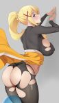  1girl ass back black_bodysuit blonde_hair blue_eyes blush bodysuit breasts darkness_(konosuba) hair_ornament high_ponytail kono_subarashii_sekai_ni_shukufuku_wo! large_breasts long_hair looking_at_viewer looking_back ponytail sidelocks soba_(saz) solo torn_bodysuit torn_clothes x_hair_ornament 