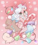 2023 :3 abstract_background anthro antlers bow_(feature) breasts candy candy_cane canid chibi christmas cleavage clothed clothing dessert eyelashes female food gingerbread_man green_eyes hair hi_res holidays horn leotard lollipop looking_at_viewer mammal smile snowflake solo spookieghoulie tail white_hair