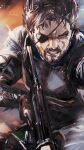  1boy absurdres beard big_boss black_jacket blue_eyes brown_hair clenched_teeth close-up eyepatch facial_hair grimace gun highres holding holding_gun holding_weapon jacket long_sleeves looking_ahead male_focus metal_gear_(series) rain serious short_hair soleil_(soleilmtfbwy03) solo teeth unfinished upper_body weapon 