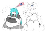 2022 absurd_res anthro bangs belly belly_rolls big_belly big_breasts big_butt biped blue_eyes blue_hair blush blush_lines bra breasts butt butt_squish choker cleavage clothed clothing crop_top dialogue dolphin_shorts ear_eyes english_text female ferretidk hair hair_over_eyes hand_on_breast hand_on_butt hi_res huge_butt huge_hips huge_thighs jewelry lagomorph leporid long_hair looking_at_viewer mammal markings mole_(marking) mole_under_mouth multi_eye navel necklace obese obese_anthro obese_female open_mouth open_smile overweight overweight_anthro overweight_female partially_colored rabbit rear_view shirt short_tail smile solo squish tail text text_on_clothing text_on_shirt text_on_topwear thick_thighs topwear torn_clothing torn_shirt torn_topwear underwear unusual_anatomy unusual_eye_placement unusual_eyes white_body wide_hips
