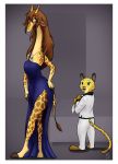  2019 abstract_background anthro barefoot blue_eyes border brown_hair clothed clothing cocktail_dress desmond_(zootopia_fan_character) dipstick_ears dipstick_tail disney dress duo eyebrows_visible_through_hair fan_character felid female fur furgonomics giraffe giraffid green_eyes hair hand_on_hip husband_and_wife jaguar jewelry larger_female male mammal molly_(zootopia_fan_character) multicolored_tail necklace necktie ossicones pantherine ring romantic_couple signature size_difference smaller_male spots spotted_fur standing tail_clothing tail_tuft tuft w4g4 wedding_ring white_border zootopia 