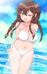  1girl absurdres arms_behind_back bikini blue_sky braid breasts brown_hair cleavage cloud day feet_out_of_frame front-tie_bikini_top front-tie_top green_eyes highres itsuya_(hmizugucti) kantai_collection large_breasts leaning_forward looking_at_viewer low_twintails noshiro_(kancolle) one_eye_closed outdoors sarong see-through_sarong side-tie_bikini_bottom sky solo swimsuit thigh_gap twin_braids twintails white_bikini 