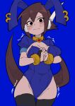  1girl absurdres aile_(mega_man_zx) animal_ears black_eyes black_thighhighs blue_background blue_jacket blue_leotard blush breasts brown_hair buzzlyears cleavage covered_navel cowboy_shot cropped_jacket fake_animal_ears highres jacket large_breasts leotard long_hair mega_man_(series) mega_man_zx mega_man_zx_advent motion_lines playboy_bunny ponytail rabbit_ears robot_ears simple_background solo tears thighhighs trembling 