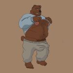  bear bodily_fluids clothed clothing digital_media_(artwork) erection genital_fluids hi_res looking_at_viewer male male/male mammal nipples reichik simple_background smile solo 