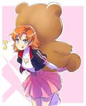  alternate_costume blue_eyes cleavage_cutout commentary holding holding_stuffed_animal iesupa jacket nora_valkyrie orange_hair pink_skirt rwby rwby_chibi skirt smile solo stuffed_animal stuffed_toy teddy_bear tongue tongue_out 