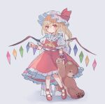  1girl ascot bat_wings blonde_hair crystal flandre_scarlet full_body hat hat_ribbon hiyuu_(hiyualice) mob_cap multicolored_wings one_side_up puffy_short_sleeves puffy_sleeves red_eyes red_footwear red_skirt red_vest ribbon short_sleeves side_ponytail skirt skirt_set solo stuffed_animal stuffed_toy teddy_bear touhou vest white_hat wings yellow_ascot 