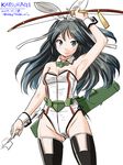  2017 adapted_costume animal_ears arm_up armpits arrow ass_visible_through_thighs black_hair black_legwear blue_eyes bow_(weapon) breasts bunny_ears bunny_girl bunnysuit character_name collarbone cowboy_shot dated detached_collar fake_animal_ears hair_ribbon hairband kantai_collection katsuragi_(kantai_collection) leotard light_smile long_hair looking_at_viewer off_shoulder pads ponytail ribbon rigging small_breasts solo tatsumi_ray thighhighs thighs twitter_username weapon white_leotard white_ribbon wrist_cuffs 