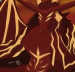 anthro claws demon dragon empty_eyes fangs glowing glowing_eyes helluva_boss hi_res horn male muscular muscular_anthro muscular_male mythological_creature mythological_scalie mythology phun_gurl red_body satan_(helluva_boss) scalie solo teeth wings yellow_eyes