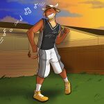 anthro backwards_baseball_cap backwards_hat backyard baseball_cap bottomwear bovid bovine cattle clothed clothing dancing evening footwear fully_clothed furgonomic_headwear fuze grin hat headgear headwear hi_res male mammal musical_note outside shirt shoes shorts smile socks solo tank_top texnatsu topwear ty_conrad