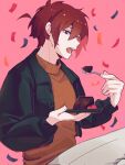  1boy black_jacket brown_hair cake chocolate_cake confetti epic_battle_fantasy food hair_between_eyes highres holding holding_food holding_plate holding_spoon jacket lance_(epic_battle_fantasy) male_focus nounreverse open_mouth orange_sweater plate red_eyes solo spoon sweater turtleneck turtleneck_sweater 