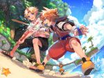  3boys :d ball beach black_shorts blitzball blonde_hair blue_sky brown_hair chain_necklace cloud cloudy_sky crown_necklace day fighting final_fantasy final_fantasy_x fingerless_gloves full-length_zipper gloves holding holding_ball holding_sword holding_weapon island jacket jewelry kingdom_hearts looking_at_another male_focus multiple_boys necklace ocean open_clothes open_jacket open_mouth orange_hair orange_pants osippo outdoors pants sand sandals shirt short_hair short_sleeves shorts sky sleeveless sleeveless_shirt smile sora_(kingdom_hearts) spiked_hair starfish sword tidus tree wakka water waterfall weapon white_gloves white_jacket wide_sleeves wooden_sword yellow_footwear yellow_shirt zipper zipper_pull_tab 