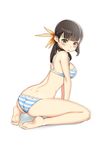  arm_support ass bangs barefoot black_hair blue_bra blue_panties blunt_bangs blush bra breasts closed_mouth commentary_request dimples_of_venus eyebrows_visible_through_hair feet full_body green_eyes hair_ribbon half_updo kaieda_hiroshi lace lace-trimmed_bra lace-trimmed_panties long_hair long_legs looking_at_viewer looking_back medium_breasts original panties ribbon seiza simple_background sitting soles solo striped striped_bra striped_panties thighs toes underwear underwear_only white_background white_bra white_panties yellow_ribbon 