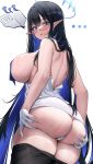  1girl ass ass_grab bare_shoulders black-framed_eyewear black_hair blue_archive blue_eyes blue_hair blush breasts breasts_out clothes_pull cowboy_shot dress earrings elf from_behind giga-tera glasses gloves grabbing_own_ass hair_between_eyes halo highres jewelry large_breasts long_hair looking_at_viewer looking_back mole multicolored_hair off_shoulder open_mouth panties pantyhose pantyhose_pull parted_lips pointy_ears rin_(blue_archive) semi-rimless_eyewear sideboob simple_background solo sweat thighs thong underwear very_long_hair weighing_scale weight_conscious white_background white_gloves white_panties 