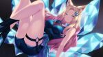  1girl ahri_(league_of_legends) animal_ears bare_legs bare_shoulders blonde_hair blue_choker blue_dress blue_eyes blue_shorts blush breasts cait_aron choker crossed_legs crystal_tail curly_hair dress expressionless fox_ears fox_girl fox_tail hair_ornament hairclip highres k/da_ahri kitsune knees_up league_of_legends light_frown long_hair looking_at_viewer lying medium_breasts multiple_tails o-ring o-ring_thigh_strap on_back short_shorts shorts shorts_under_dress sleeveless sleeveless_dress slit_pupils solo tail thigh_strap upskirt very_long_hair 