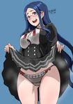  artist_name ass_visible_through_thighs black_panties blue_background blue_hair blush breasts butcha-u danganronpa dated double-breasted dress dress_lift embarrassed lifted_by_self long_hair looking_at_viewer medium_breasts new_danganronpa_v3 panties purple_eyes pussy_juice round_teeth shirogane_tsumugi signature simple_background solo teeth thighs underbust underwear upskirt 