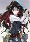  1girl @_@ black_hair collared_shirt cowboy_hat fate/grand_order fate_(series) gun hat highres holding holding_weapon holster ishtar_(fate) katana kino_kokko long_hair long_sleeves looking_at_viewer multicolored_hair official_alternate_costume parted_bangs red_eyes red_hair ribbon shirt solo space_ishtar_(fate) sweat sword tearing_up trembling two-tone_hair two_side_up weapon white_shirt 