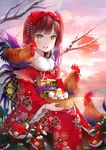  animal animal_on_shoulder bad_id bad_pixiv_id bangs bare_tree basket bird blunt_bangs blush bow brown_hair chick chicken egg eyebrows_visible_through_hair floral_print flower fur_trim hair_bow holding holding_basket japanese_clothes kimono long_sleeves looking_at_viewer marmoset_(marmoset0) obi one_side_up open_mouth original red_bow rooster sash sitting smile snow solo teeth tree wide_sleeves yellow_eyes 