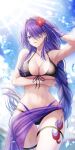  1girl acheron_(honkai:_star_rail) alternate_costume arm_behind_head arm_up bare_arms bare_shoulders bikini black_bikini blue_eyes blue_hair blue_sky blurry blurry_background breasts cleavage cloud cloudy_sky commentary_request cowboy_shot day flower front-tie_bikini_top front-tie_top hair_flower hair_ornament hair_over_one_eye highres honkai:_star_rail honkai_(series) large_breasts leg_tattoo long_hair low-braided_long_hair low-tied_long_hair navel penguintake purple_sarong red_flower red_lips revision sarong sky solo stomach swimsuit tattoo thigh_strap very_long_hair 