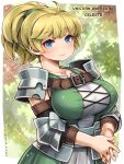  1girl ahoge armor armored_dress artist_name blonde_hair blue_eyes blush breasts celeste_(unicorn_overlord) character_name closed_mouth collarbone cross-laced_clothes cross-laced_dress dated dress green_dress large_breasts looking_at_viewer ponytail shigatake short_hair shoulder_armor smile solo unicorn_overlord 