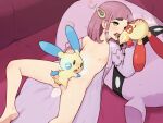  1girl bestiality blush chiwino fellatio flat_chest group_sex hand_on_another&#039;s_head hetero lacey_(pokemon) lying medium_hair minun missionary mmf_threesome nipples on_back open_clothes open_robe oral petite plusle pokemon pokemon_(creature) pokephilia purple_hair purple_robe robe sex threesome 