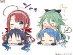  /\/\/\ 4girls :3 ahoge bangs blue_hair blush chibi closed_eyes commentary_request eighth_note eyebrows_visible_through_hair flying_sweatdrops girl_on_top gloves gradient_hair gradient_ribbon green_hair grin hair_ornament hair_ribbon hairclip highres kantai_collection kawakaze_(kantai_collection) long_hair low_twintails mae_(maesanpicture) motion_lines multicolored_hair multiple_girls musical_note numbered o_o one_eye_closed red_hair red_ribbon ribbon samidare_(kantai_collection) skirt sleeping smile suzukaze_(kantai_collection) thighhighs thought_bubble twintails twitter_username yamakaze_(kantai_collection) zzz 