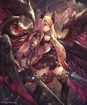  absurdres alternate_costume black_footwear black_gloves black_legwear black_wings blonde_hair boots cygames dark_angel_olivia dual_wielding gloves glowing glowing_sword glowing_weapon hair_ornament highres holding horns long_hair pleated_skirt red_eyes shadowverse shingeki_no_bahamut skirt solo sword tachikawa_mushimaro thigh_boots thighhighs watermark weapon wings zettai_ryouiki 