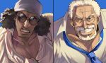  2boys absurdres afro beard collared_shirt duel facial_hair frown goatee goatee_stubble grin head_scarf highres kuzan_(aokiji) loose_necktie male_focus mature_male monkey_d._garp multiple_boys muscular muscular_male mustache_stubble necktie official_alternate_costume old old_man one_piece pectoral_cleavage pectorals portrait shirt short_hair smile split_screen stubble sunglasses thick_beard thick_eyebrows thick_mustache wame_rkgkaka wrinkled_skin 