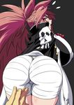  1boy 1girl arc_system_works artist_request ass baiken baiken_(guilty_gear) blush breasts cameltoe clenched_teeth eyepatch faust_(guilty_gear) from_behind guilty_gear guilty_gear_xrd huge_ass huge_breasts japanese_clothes kanchou kimono long_hair looking_back looking_down pink_hair ponytail red_eyes sarashi shiny shiny_hair sideboob surprised very_long_hair 