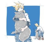  1boy animal black_shirt blonde_hair blue_background blue_eyes blue_shorts border brown_footwear cat cloud_strife final_fantasy final_fantasy_vii final_fantasy_vii_rebirth final_fantasy_vii_remake grey_fur holding holding_animal holding_cat low_ponytail male_focus michibata_65 shirt shirt_under_shirt short_hair_with_long_locks shorts solo spiked_hair sweatdrop white_border white_shirt 