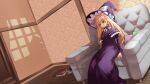  1girl alternate_costume blonde_hair book bow bowtie braid capelet commentary_request couch dress hair_bow hat hat_bow highres indoors kirisame_marisa long_hair long_sleeves nodoguro_(phi-tan) on_couch open_mouth purple_capelet purple_dress purple_hat shadow side_braid single_braid solo touhou white_bow white_bowtie witch_hat yellow_eyes 