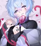  1boy black_shirt blue_hair braid candy diamond_facial_mark fingernails food grey_jacket hair_between_eyes heart highres holding holding_candy holding_food holding_lollipop jacket jacket_partially_removed jewelry lollipop long_bangs looking_at_viewer mahjong_soul mahjong_tile male_focus mayo_(cocoacat19) multicolored_hair multiple_rings open_mouth pink_hair purple_nails ring ryan_(mahjong_soul) shirt short_hair side_braid single_braid smile solo two-tone_hair upper_body 