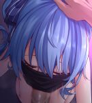  1boy 1girl blue_hair censored closed_eyes commentary commentary_request erection fellatio fellatio_under_mask hand_on_another&#039;s_head hetero highres hololive hoshimachi_suisei long_hair mask mosaic_censoring mouth_mask oral penis penis_under_mask solo_focus surgical_mask virtual_youtuber zellam 