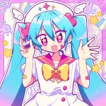  1girl bandaid bandaid_on_arm blush bow dress fang gradient_hair hat hatsune_miku head_wings holding holding_syringe looking_at_viewer m@gical_cure!_love_shot!_(vocaloid) multicolored_hair nise_dorothia nurse_cap open_mouth pink_eyes pink_hair pink_sailor_collar puffy_short_sleeves puffy_sleeves sailor_collar short_sleeves skin_fang smile solo star-shaped_pupils star_(symbol) symbol-shaped_pupils syringe vocaloid white_dress wings yellow_bow 