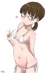  1girl arm_behind_back bikini breasts brown_hair cowboy_shot fuji_(pixiv24804665) glasses green_eyes groin highres low_ponytail medium_hair polka_dot polka_dot_bikini shii-can side-tie_bikini_bottom simple_background small_breasts solo swimsuit v white_background white_bikini 