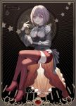  1girl bang_dream! bang_dream!_it&#039;s_mygo!!!!! black_background black_shirt clock closed_mouth collared_shirt commentary_request cursive english_text full_body high_heels highres holding holding_mask invisible_chair jewelry long_hair looking_at_viewer mask necklace purple_hair red_brooch red_footwear red_shorts red_thighhighs shirt shorts sitting smile solo star_(symbol) thighhighs waist_cape xukong yuutenji_nyamu 