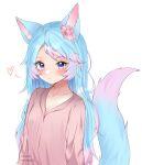  1girl absurdres animal_ears blue_hair divaartx expressionless flower gradient_hair hair_flower hair_ornament heart highres long_hair long_sleeves looking_at_viewer multicolored_hair pink_flower pink_hair pink_shirt purple_eyes shirt silvervale simple_background tail two-tone_hair virtual_youtuber vshojo white_background wolf_ears wolf_girl wolf_tail 