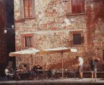  3boys 3girls absurdres armchair brick_wall building chair dappled_sunlight day highres multiple_boys multiple_girls naohiro_ito original road scenery shadow street sunlight table umbrella umbrella_stand white_umbrella 